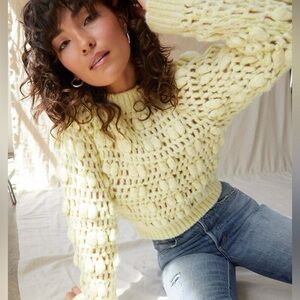 33. AMO Peru Baby Alpaca Merino Wool Open Knit Bubble Sleeve Sweater Yellow M